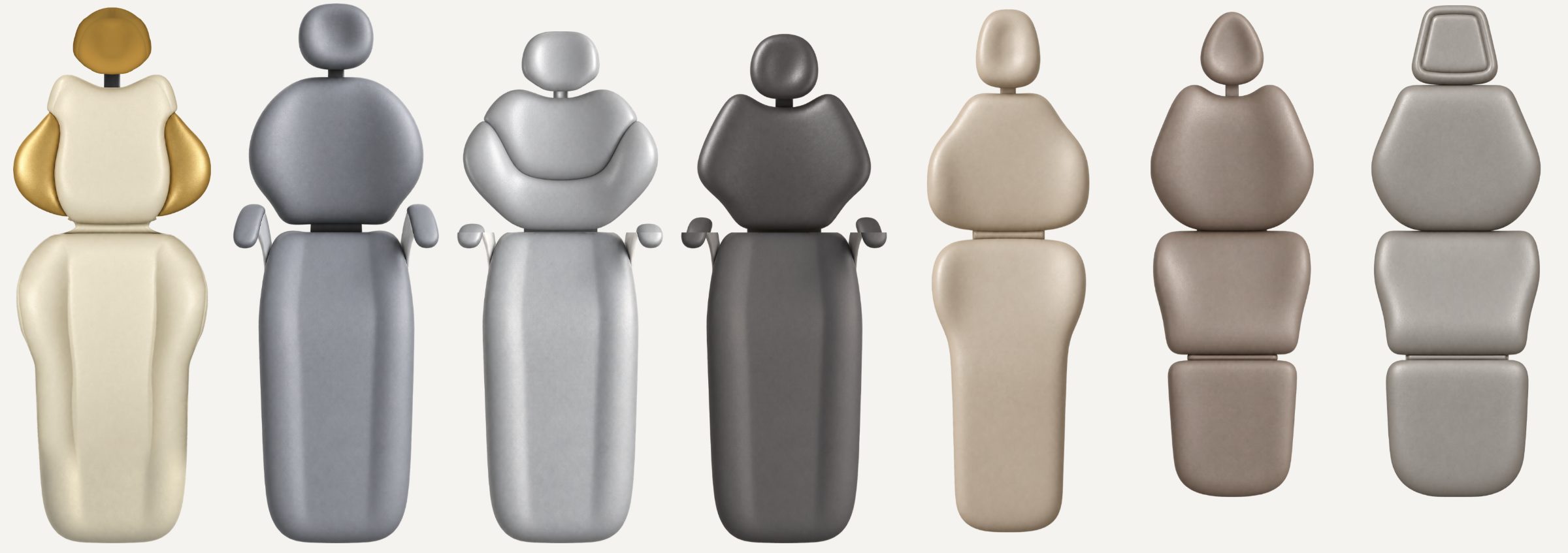 Los siete sillones American Dental vistos desde arriba, lado a lado a escala: Estelar, Boreal, Nubbia, Smart Pro, Slim, Zenit y Aurora